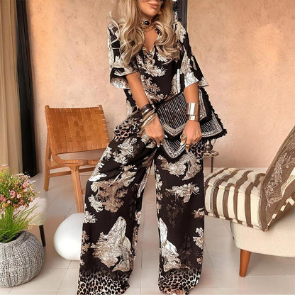lusailstore - V-neck luxury printed casual two-piece suit